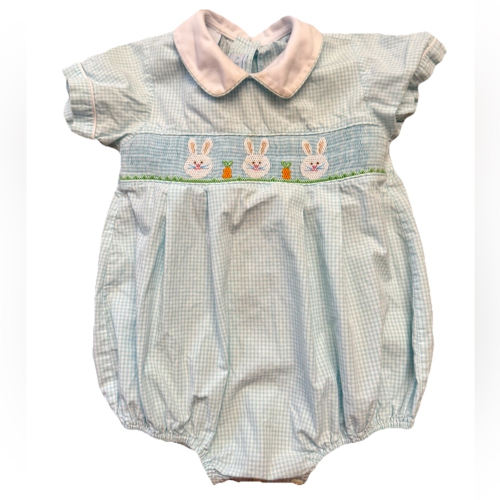 Anavini Smocked Easter bunny blue baby bubble VTG cotton peterpan collar SZ 18MO
